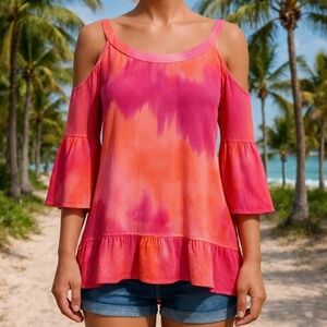 Sweet Pea by Staci Frati Cold Shoulder Tie Dye Blouse Pink Orange Size M NWOT
